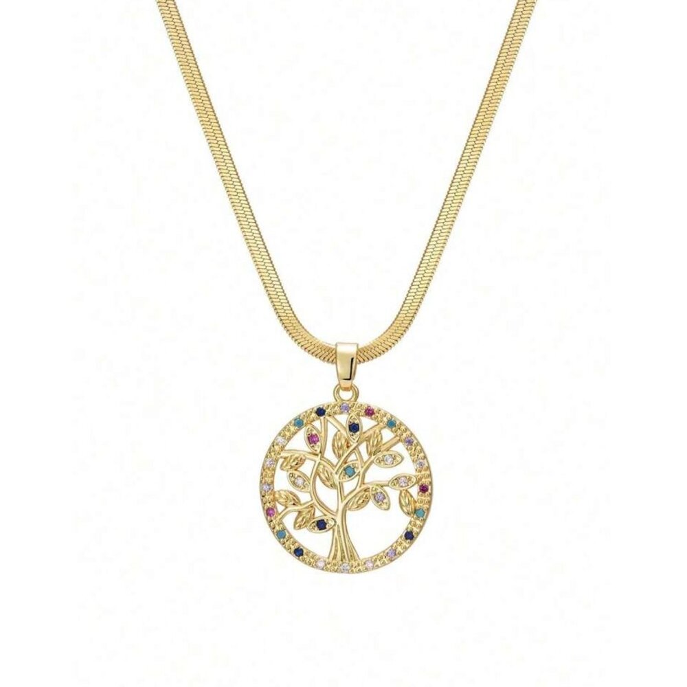 18K Gold Plated Tree Of Life Pendant Necklace With Multicolor Rhinestones On Sta